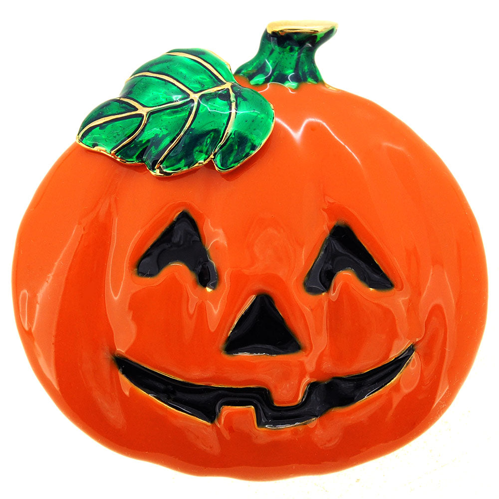 Enamel Halloween Pumpkin With Green Leaf Pin Brooch