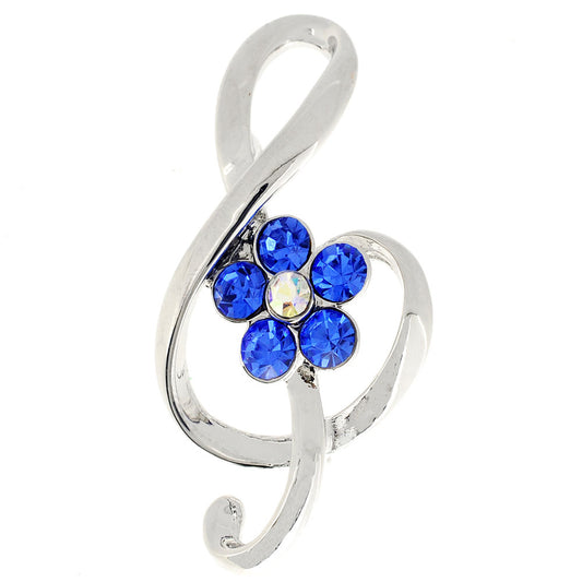 Music Note with Blue Flower Crystal Pin Brooch