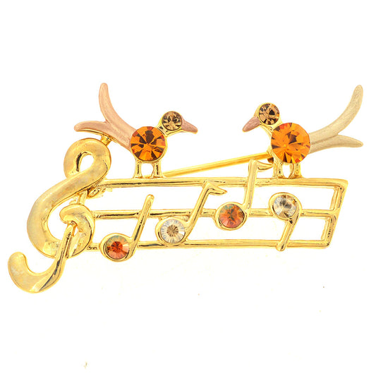 Golden Topaz Brown Music Note With Two Birds Swarovski Crystal Pin Brooch