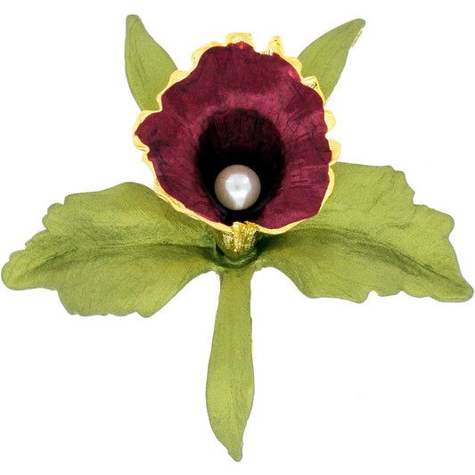 Green Dark Red Orchid Flower Brooch Pin