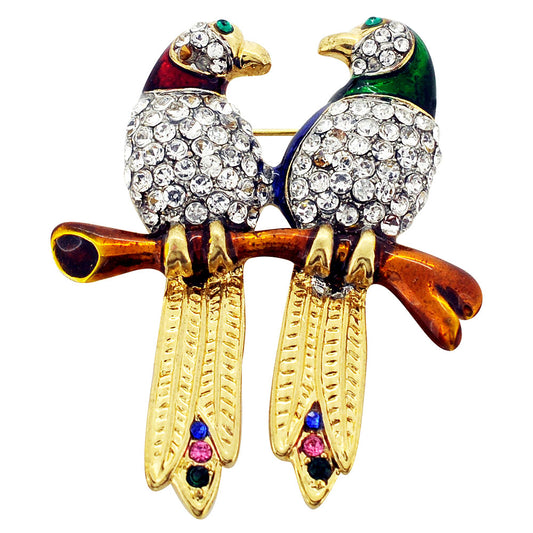 Couple Parrot Crystal Brooch Pin