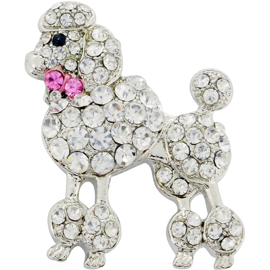 Chrome Poodle Dog With Pink Bow Crystal Brooch Pin