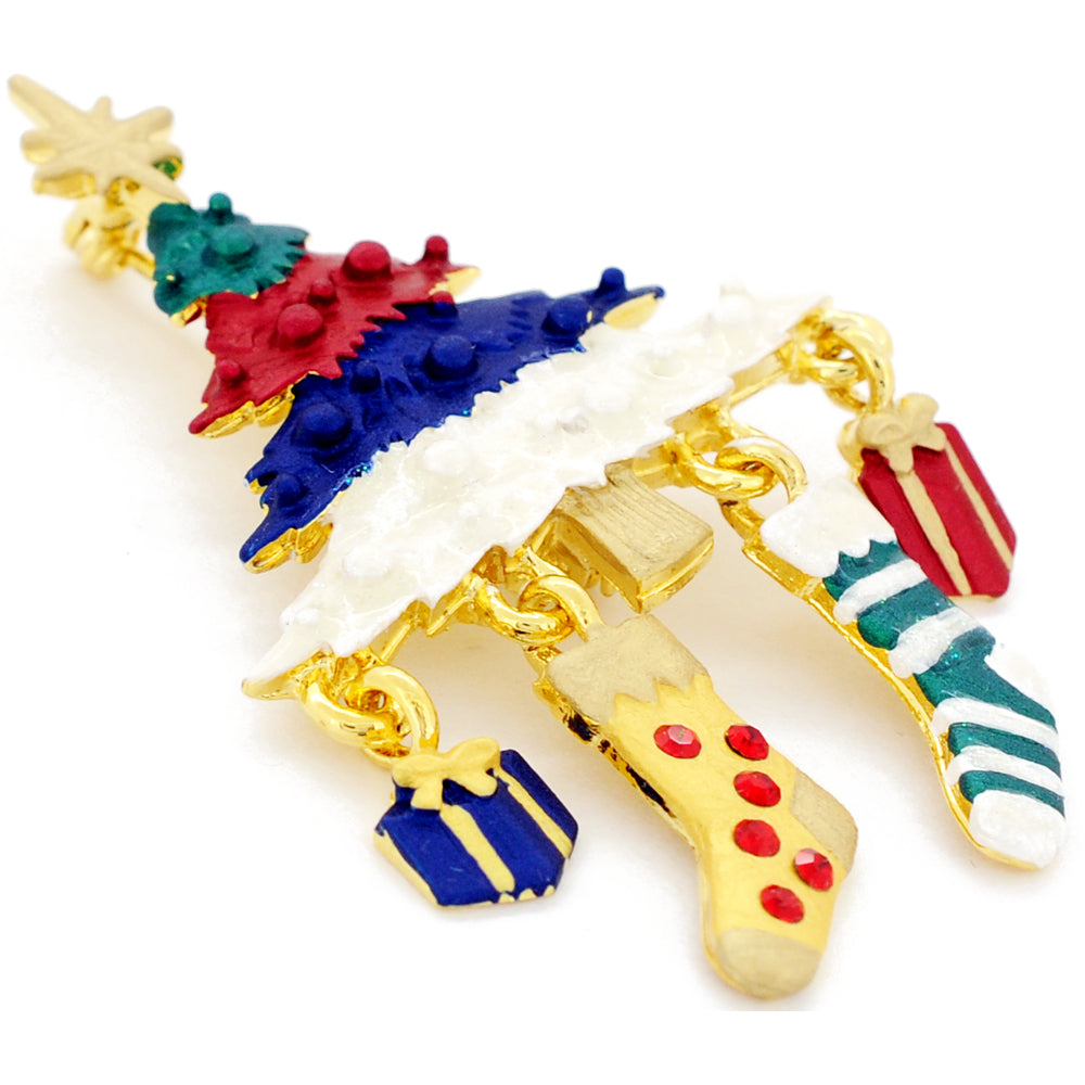 Multicolor Christmas Tree Stocking Swarovski Crystal Brooches Pins