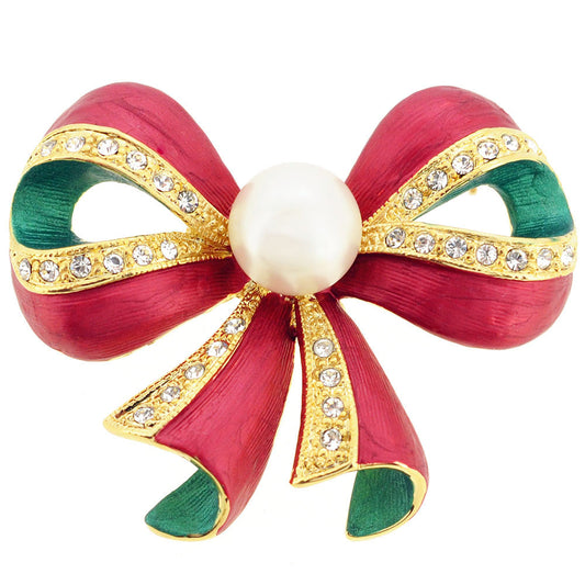 Christmas Pearl Bow Pin Brooch