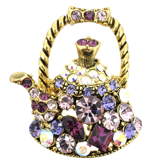 Purple Tea Kettle Crystal Pin Brooch