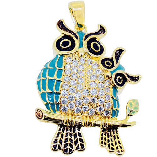 Teal Mother And Baby Owl Pendant Swarovski Crystal Animal Pendant