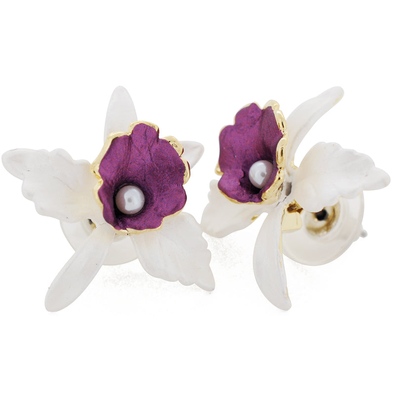 White Orchid Pearl Flower Earrings