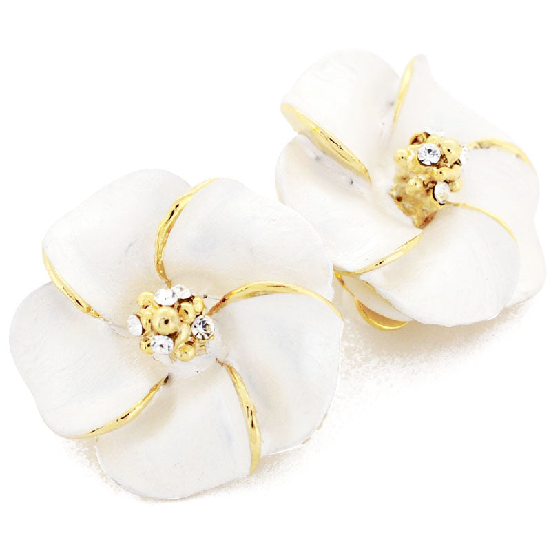 White Hawaiian Plumeria Swarovski Crystal Flower Earrings