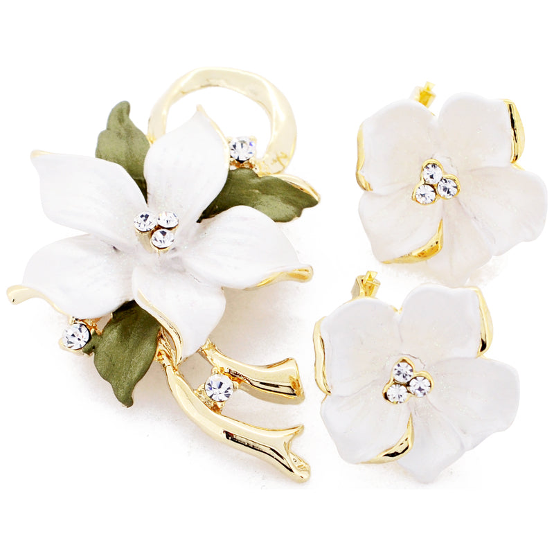 White Poinsettia Flower Swarovski Crystal Flower Pin Brooch And Earrings Gift Set