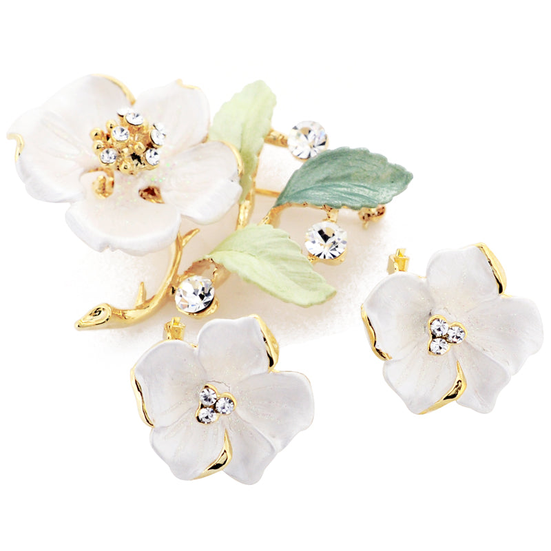 White Hawaiian Hibiscus Swarovski Crystal Flower Pin Brooch And Earrings Gift Set