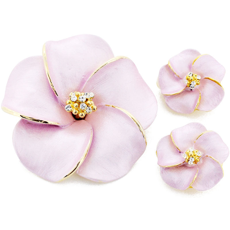 Pink Hawaiian Plumeria Swarovski Crystal Flower Pin Brooch And Earrings Gift Set