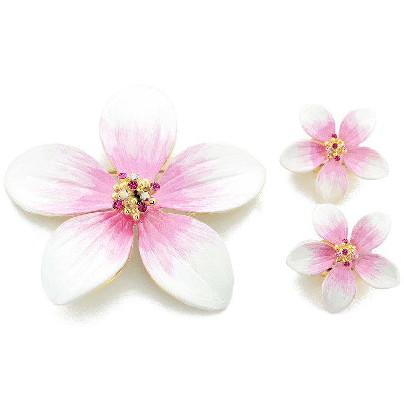 White Hawaiian Plumeria Flower Swarovski Crystal Earrings and Brooch pin Gift Set